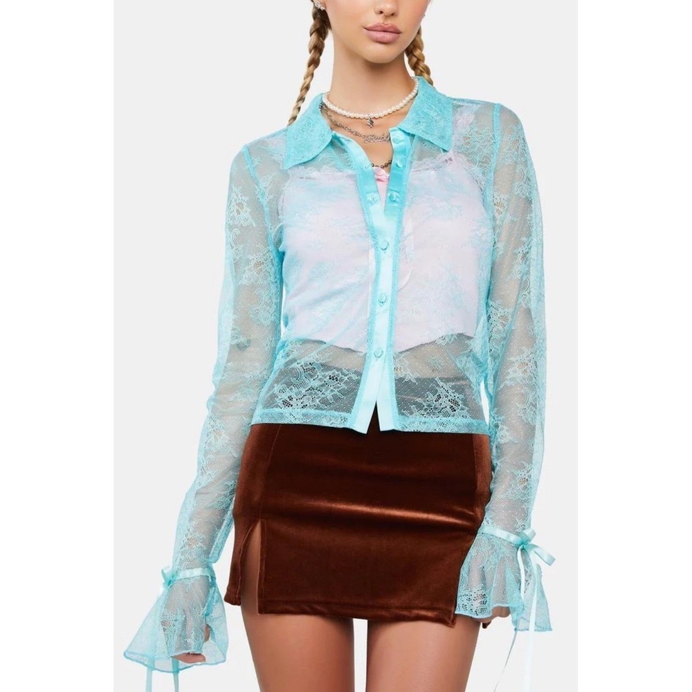 dELiA's Turquoise Sheer Floral Lace Collared Blouse XS Ribbon Tie Y2K Fairycore
